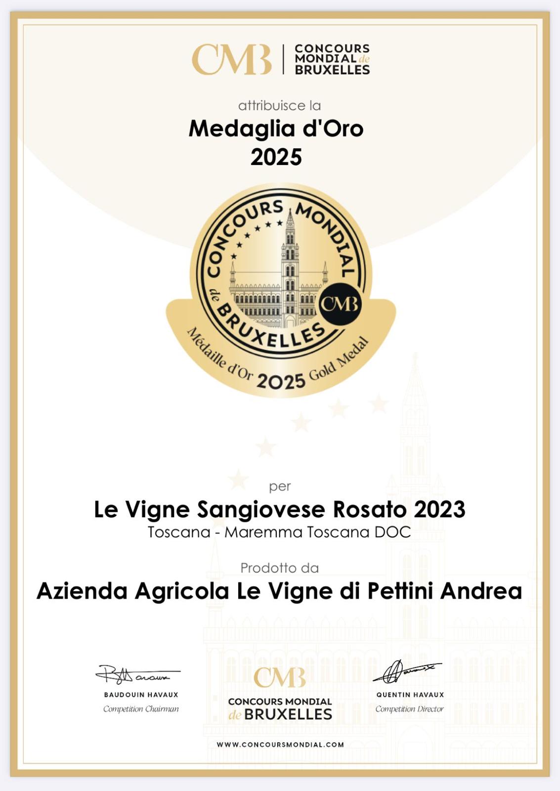Le Vigne Sangiovese Rosato 2023 conquista l'Oro al CMP